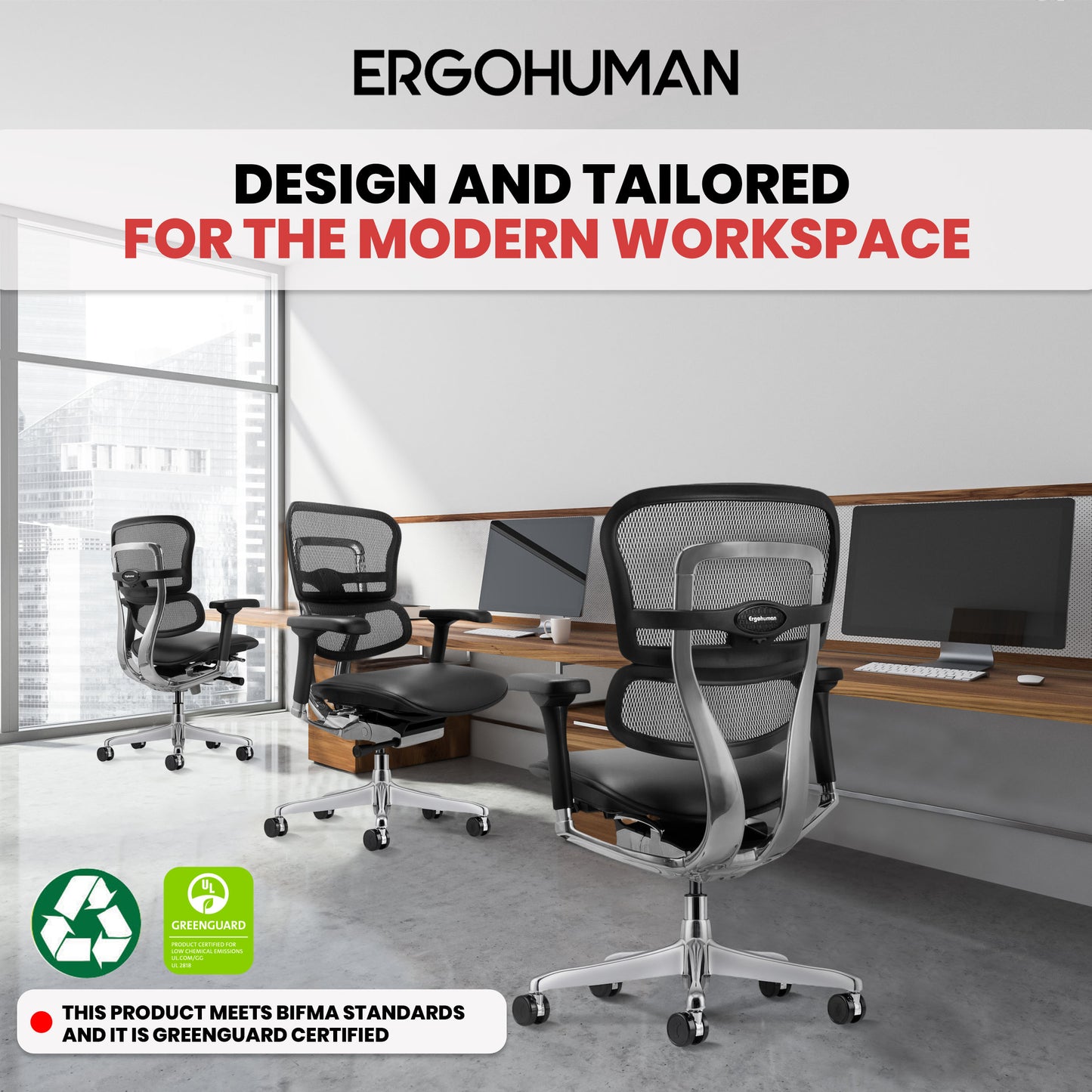 LEM6ERGLO-GEN2 Ergohuman Mid Back Leather Seat Mesh Back Chair By Eurotech