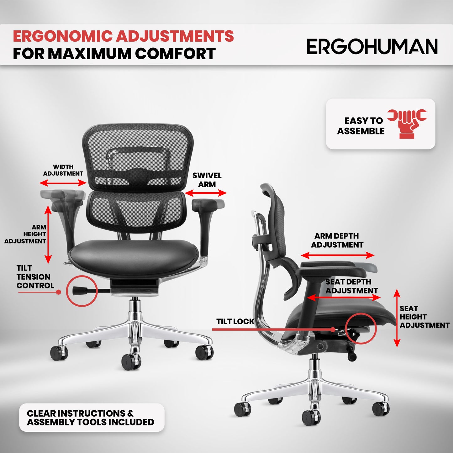 LEM6ERGLO-GEN2 Ergohuman Mid Back Leather Seat Mesh Back Chair By Eurotech